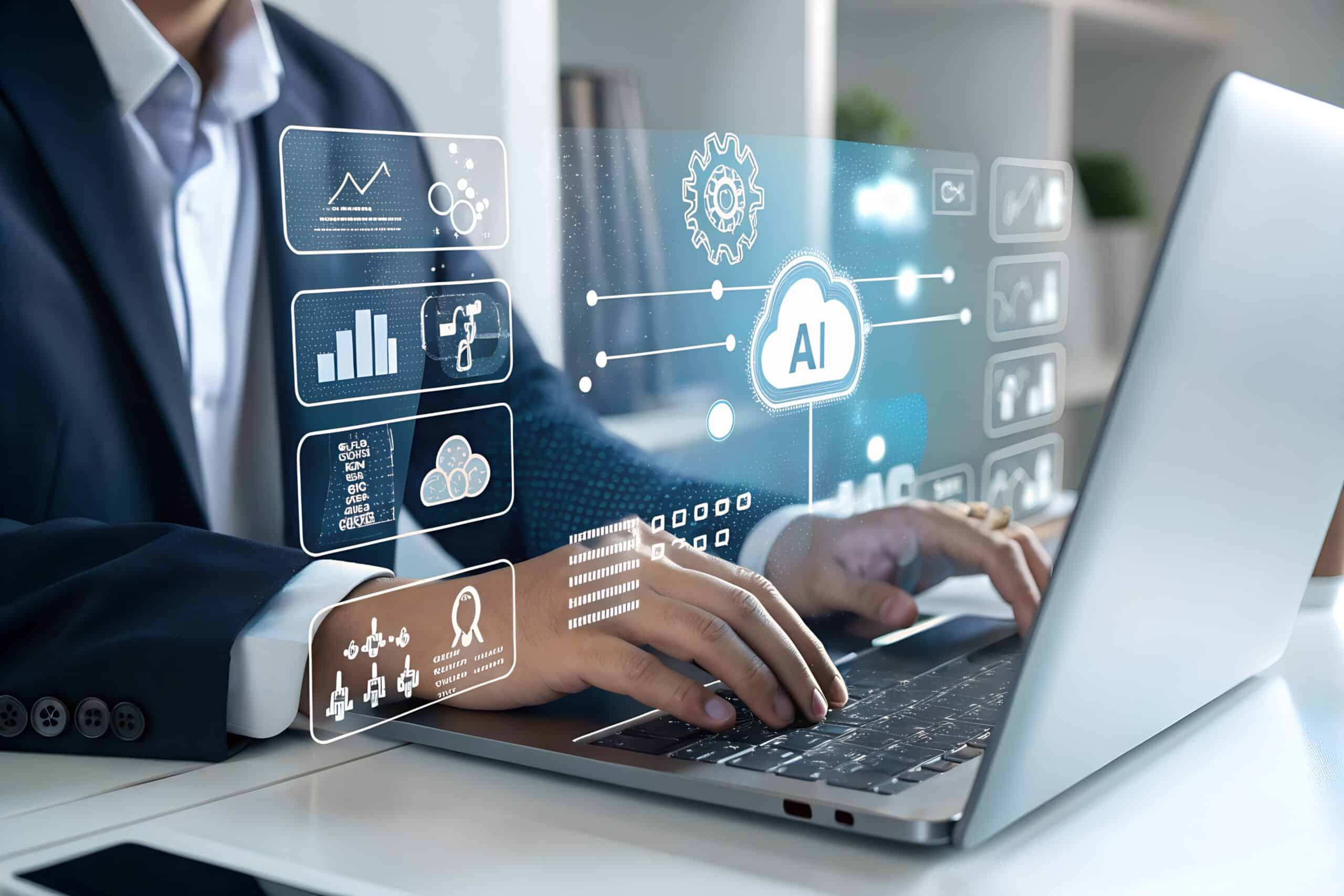 Businessman use artificial intelligence AI technology for enhanced work efficiency data analysis and efficient tools Unlocking work potential with AI solutions chatbot help solve work problems » Flux Labs - Managed Information Technology Services